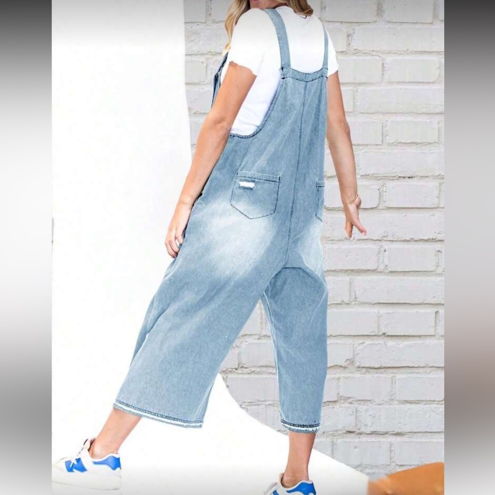 Distressed Wide Leg Adjustable Strap Denim Jean Overalls - Picture 7 of 8